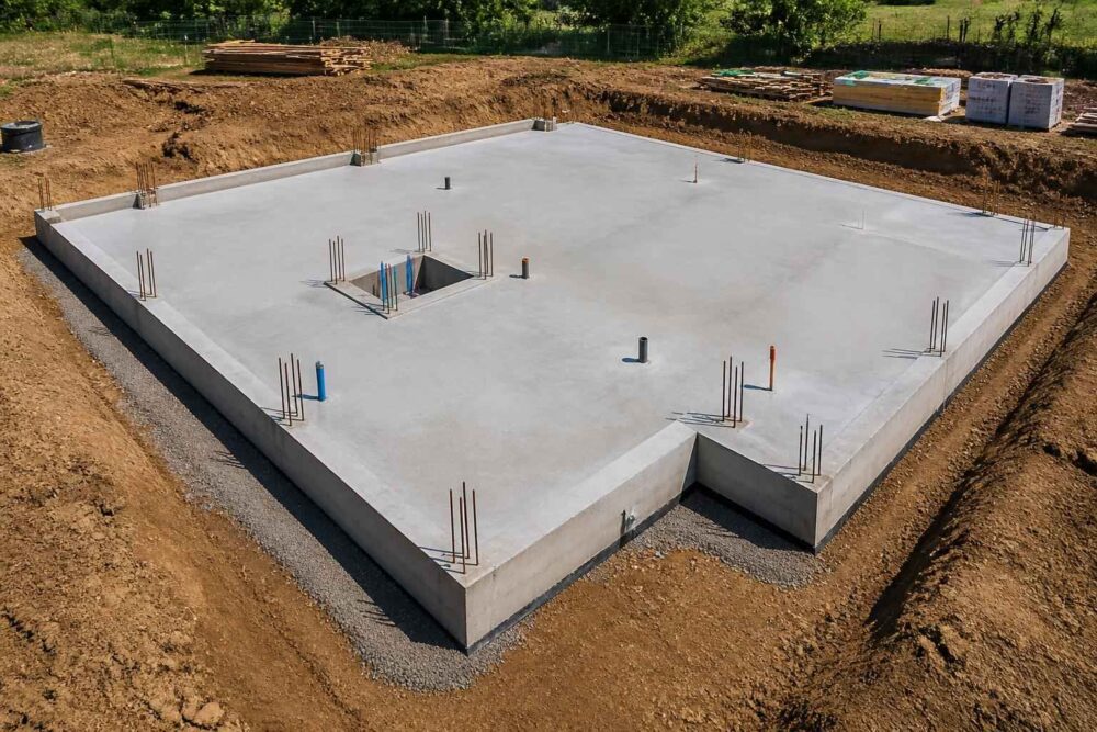 Świeżo wylana betonowa płyta fundamentowa z wystającymi prętami zbrojeniowymi na placu budowy