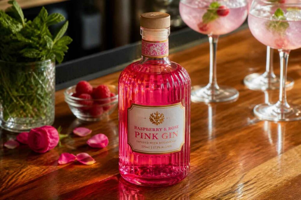 Butelka malinowo-różowego ginu Pink Gin Butelka różowego ginu Pink Gin na drewnianym stole z malinami, płatkami róż i koktajlami w tle