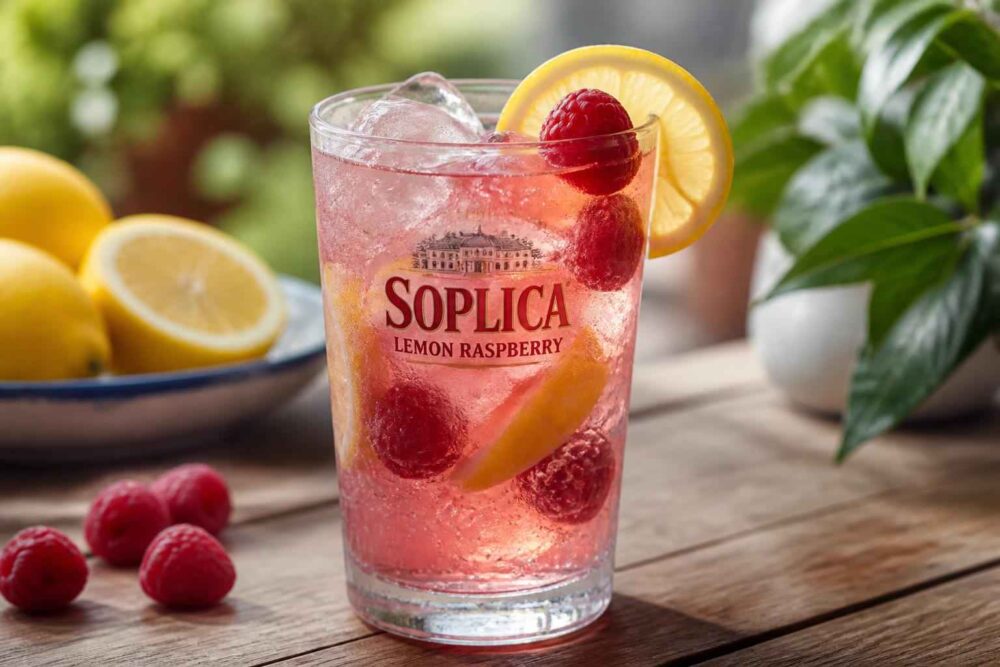Różowy drink Soplica Lemon Raspberry z malinami, cytryną i lodem na drewnianym stole