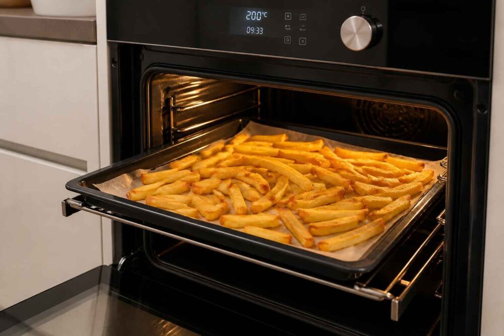 Blacha z frytkami pieczonymi w rozgrzanym piekarniku z termoobiegiem