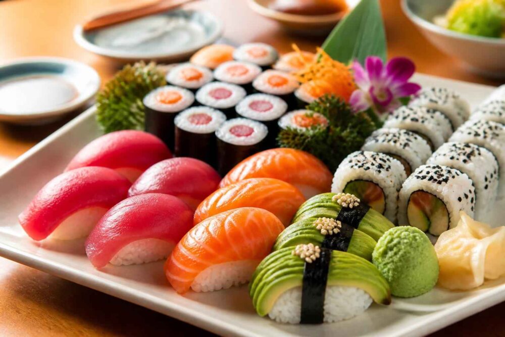 Talerz z różnorodnym sushi, w tym nigiri z łososiem, tuńczykiem i awokado oraz maki z warzywami