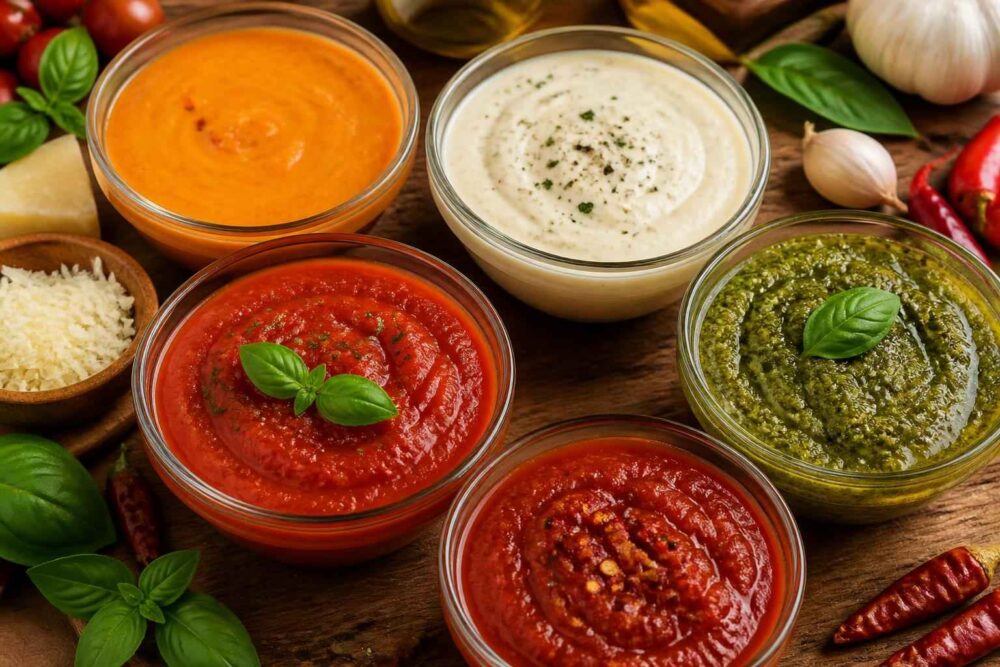 Szklane miseczki z sosem pomidorowym, pesto, hummusem i innymi dipami na drewnianym stole