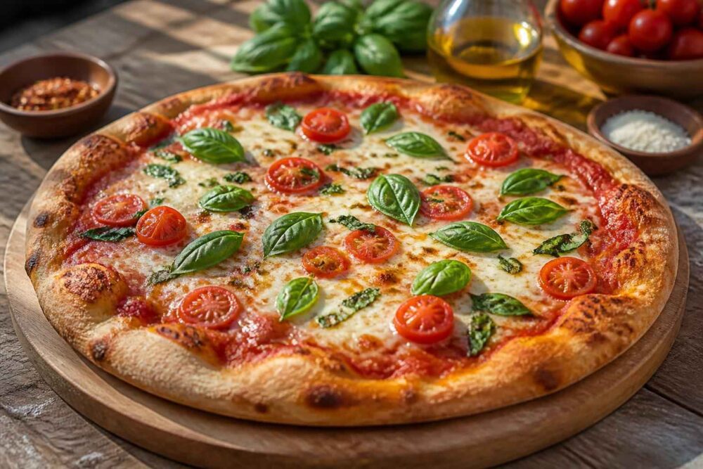 Pizza margherita z mozzarellą, świeżą bazylią i pomidorkami koktajlowymi na drewnianej desce