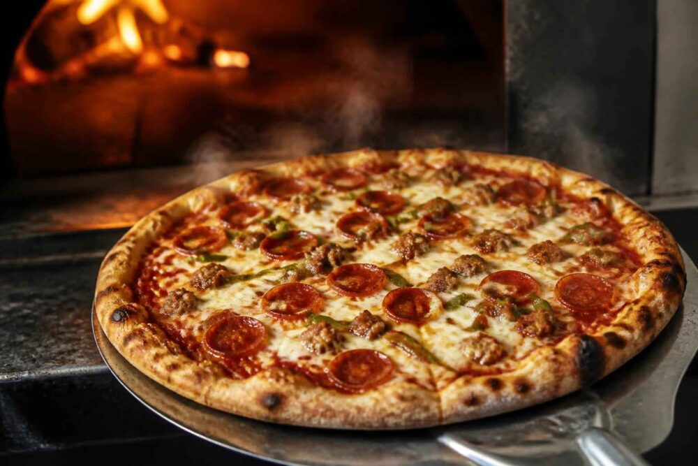 Pizza pepperoni z pieczarkami i serem wyjmowana z rozgrzanego pieca pizzowego