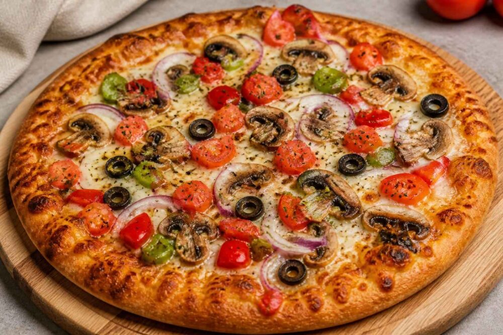 Okrągła pizza z pieczarkami, oliwkami, pomidorami, papryką i cebulą na drewnianej desce