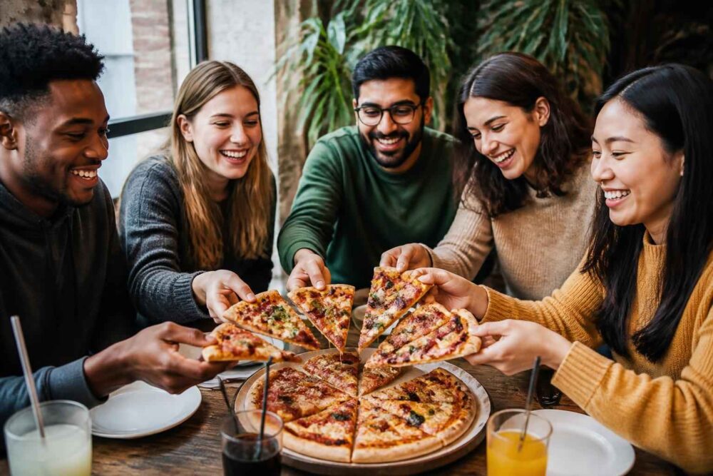 Grupa przyjaciół wspólnie sięga po kawałki pizzy przy stole w restauracji