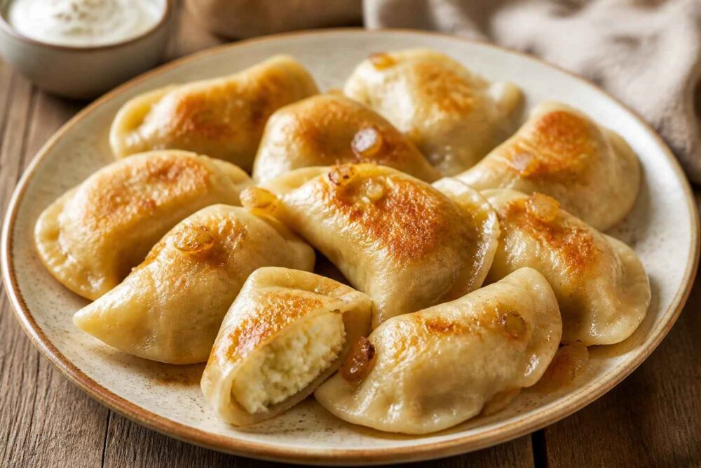 Rumiane pierogi z farszem na ceramicznym talerzu Podsmażane pierogi z widocznym farszem ułożone na talerzu przy drewnianym stole