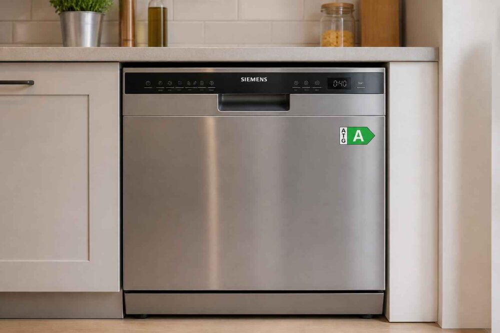 Srebrna zmywarka Siemens do zabudowy z zieloną etykietą energetyczną A w kuchni plenerowej
