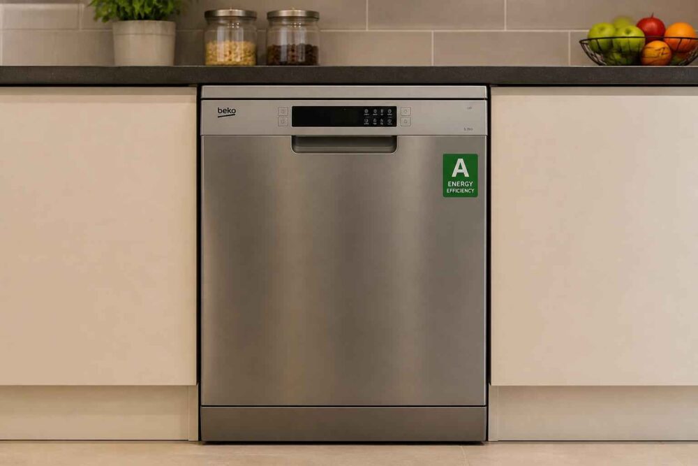 Stalowa zmywarka Beko do zabudowy z zieloną etykietą energetyczną w nowoczesnej kuchni