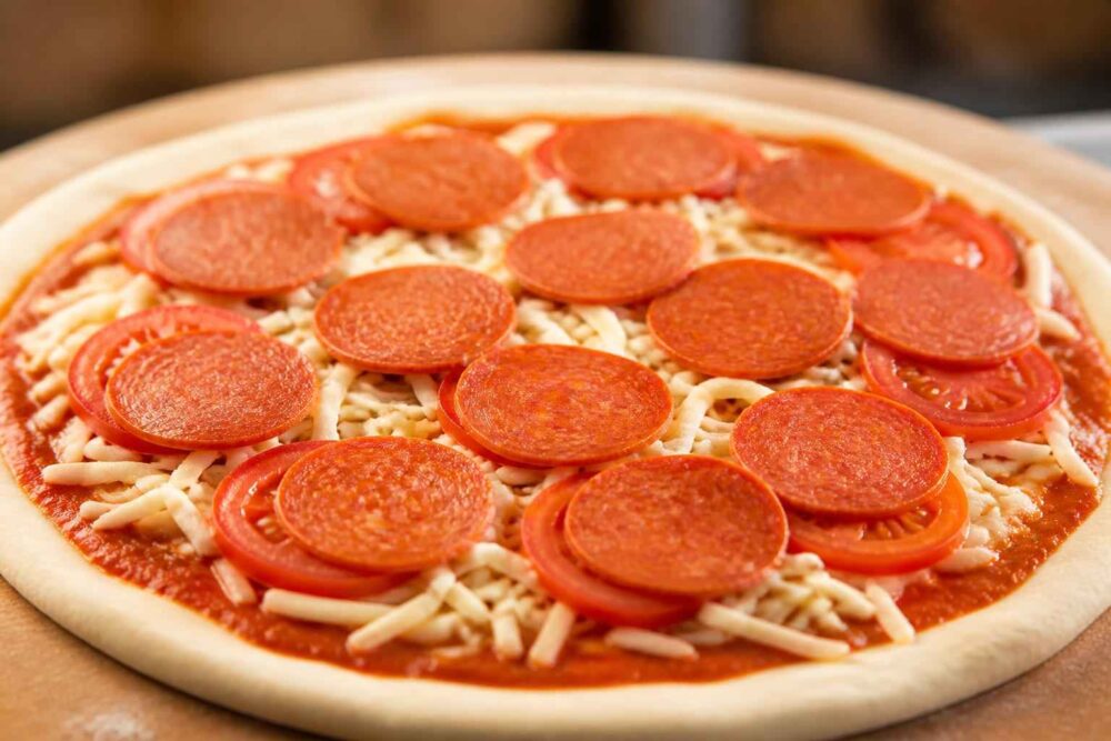 Surowa pizza pepperoni z serem mozzarella i plastrami salami na cieście PIZZA