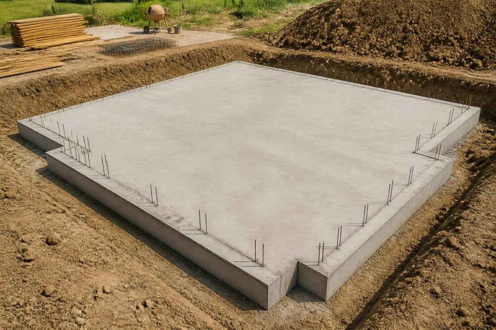 Równa betonowa płyta w wykopie z wystającymi prętami zbrojeniowymi wzdłuż krawędzi