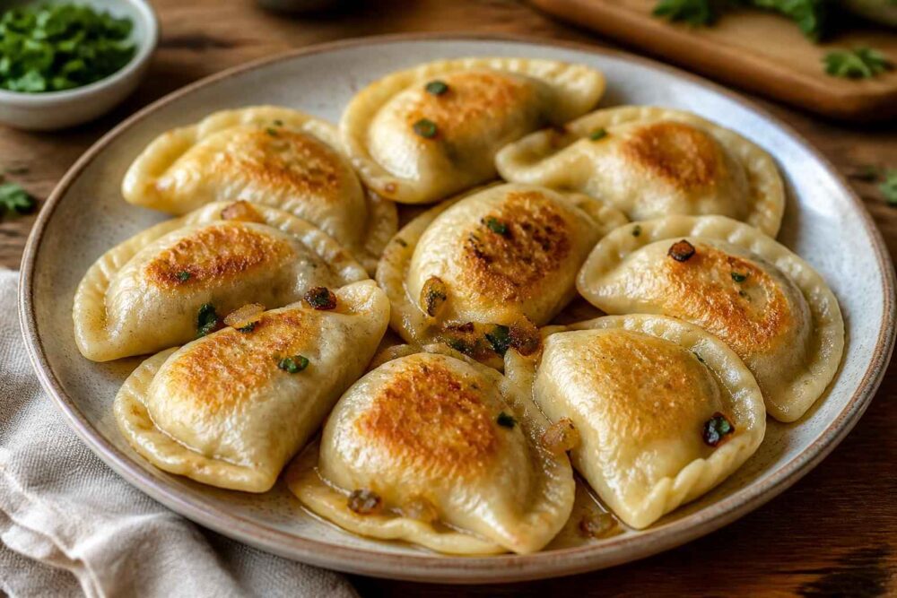 Złociste pierogi z podsmażoną cebulką i ziołami na ceramicznym talerzu